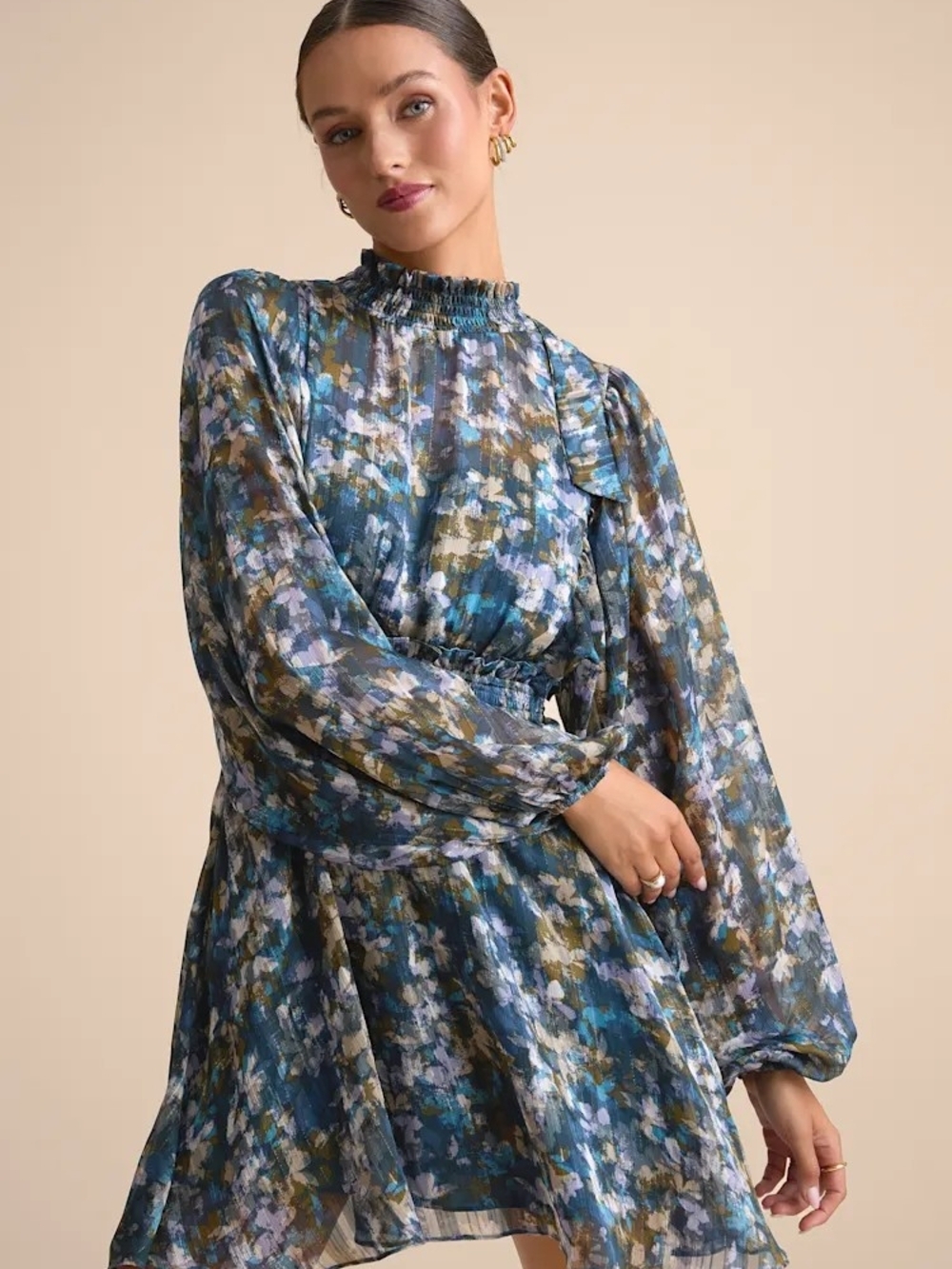 Lulu's Blue Multi-Print Long Sleeve Smocked Neck Mini Dress SzS New With Tag